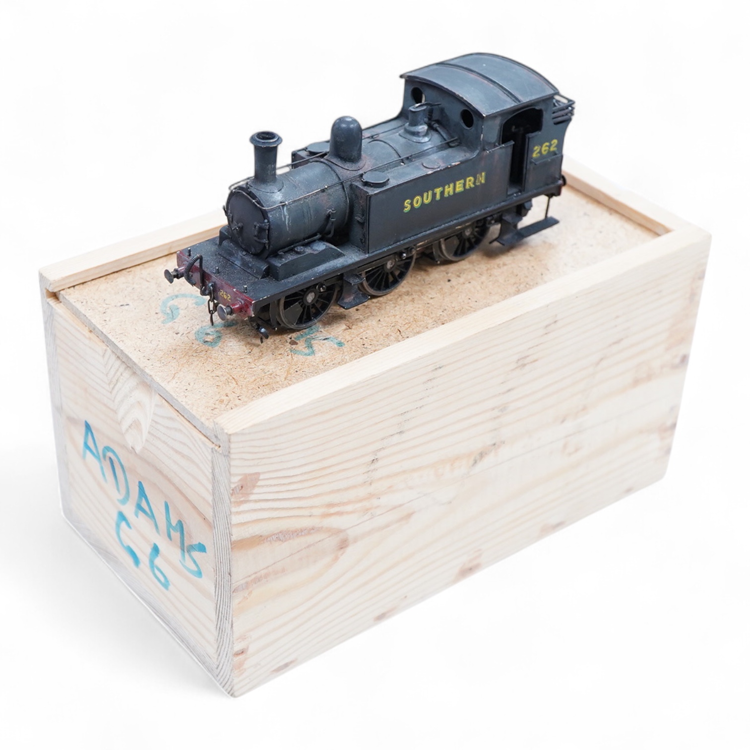 An EM gauge scratch built model railway locomotive by John Worsley, a Southern Railway Adams G6 0-6-0T, 262, a highly detailed model with opening smoke box door showing the details of the blast pipe and boiler tube ends,